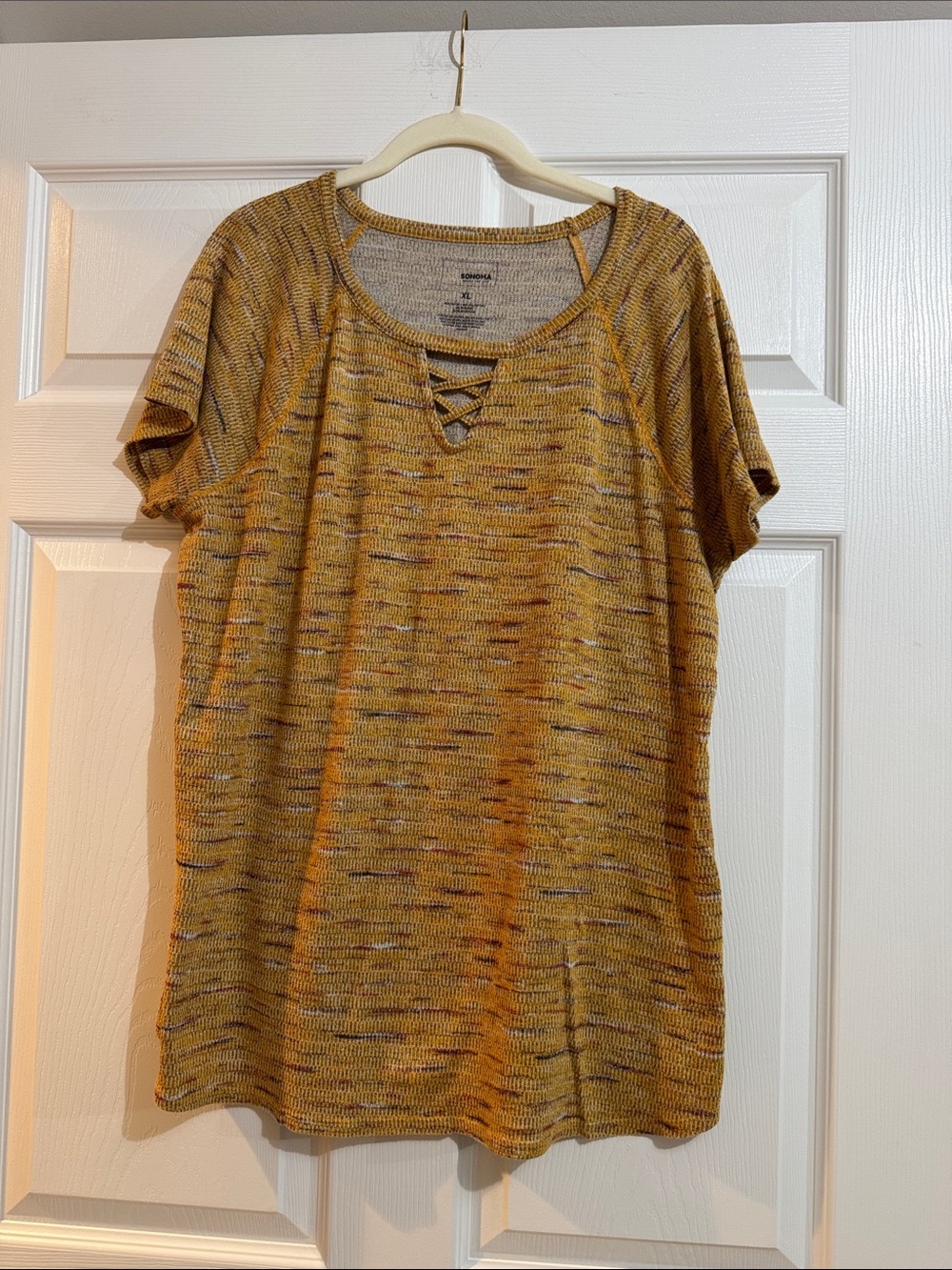 Sonoma Short Sleeve Crisscross Knit Tunic in Mustard Fleck
